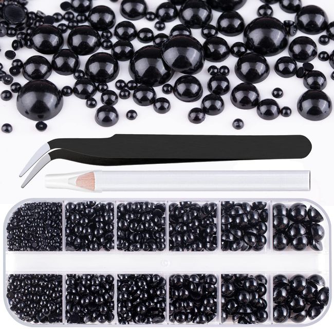 Belleboost Flat Back Pearls Kits 1 Box of Flatback Black Half Round Pearls with Pickup Pencil and Tweezer for Home DIY and Professional Nail Art, Face Makeup and Craft