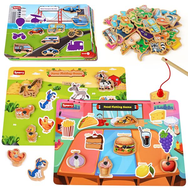 SYNARRY 89 Pcs Wooden Magnetic Sight Word Fishing Game Preschool Activity, Memory Sorting Matching Game for 3 4 5 Years Old Learning Flashcards, Montessori Educational Toys Gifts for Kids Ages 3-5 4-6