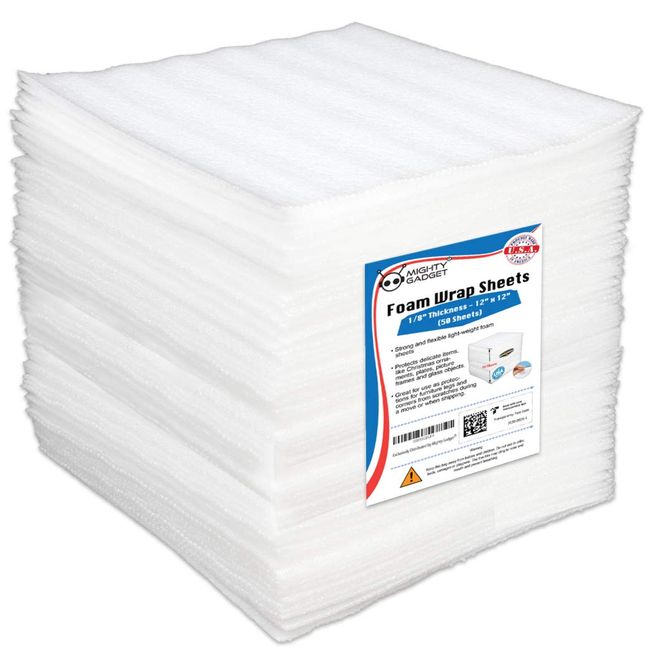 50 Pack Mighty Gadget 12x12x1/8" Foam Wrap Sheets Cushioning Protection for Fragile Items in Shipping Moving Packing