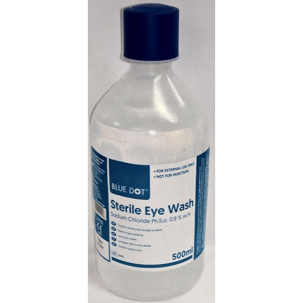 Blue Dot Sterile Eyewash Solution with Sterile Eye Pad - Saline Solution in Standard 500ml Bottles for Eye Wash Stations Or Free-Standing