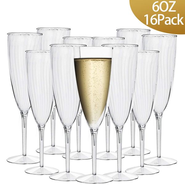 HyHousing 6 Oz Clear Plastic Champagne Glasses 16 Pack, Hard Disposable Plastic Champagne Flute Ideal for Home Daily Life Party Wedding Toasting Drinking Champagne (CF1-16)