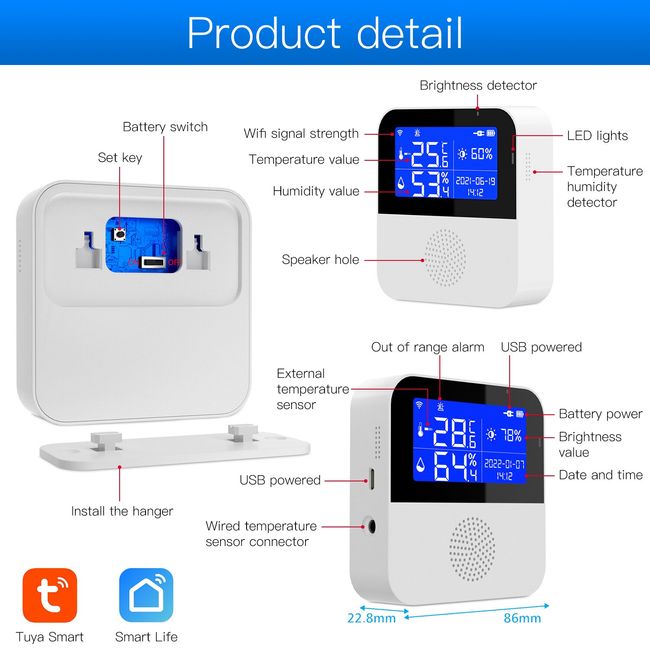 Tuya Smart WIFI Hygrometer Thermometer With External Temperature Humidity  Detector,USB Charge or Rechargable Battery