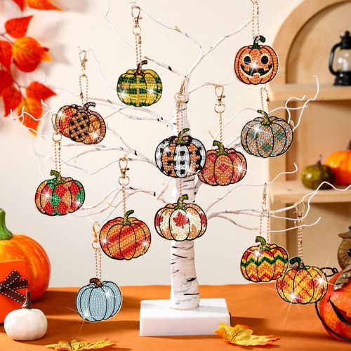 WILLBOND 30 Pcs Halloween Diamond Art Keychains Double Sided DIY Halloween Pumpkin Diamond Painting Keychain Ornaments Kits For Adults Key Ring Art Pendant Tree Decor