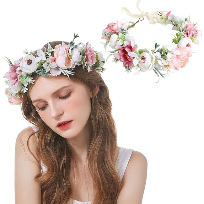 MOUJUCHI Flower Headband Blumenkranz Haare, Blumenkranz Blume Krone Stirnband, Rose Braut Haarschmuck,Blumenstirnband Verstellbarer Gürtel,für Damen Mädchen Hochzeit Zeremonie Festival Party Strand