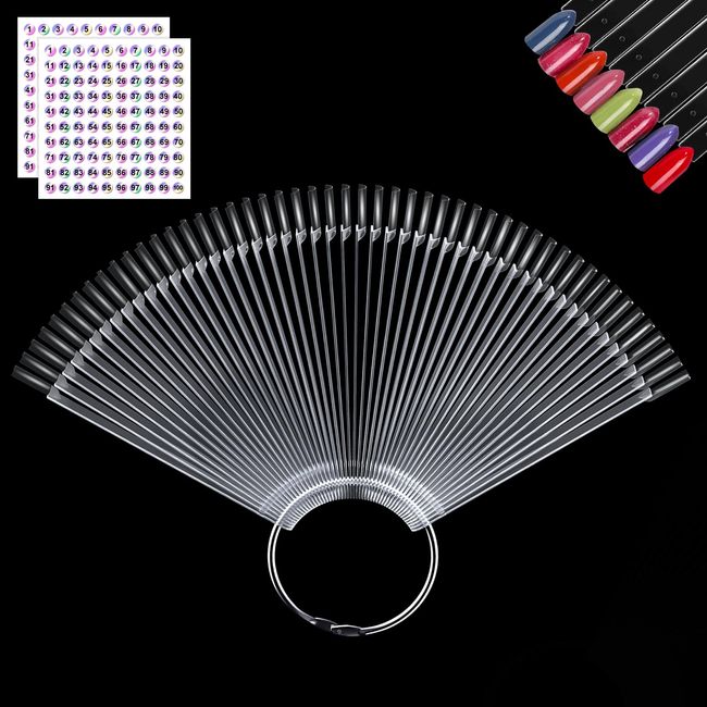 50Pcs Clear Nail Swatch Sticks, Fan Shape Salon Nail Color Display Tips, Nail Samples Stickers for Nail Art Nail Practice Tools with Metal Split Ring Holder and Number Stickers