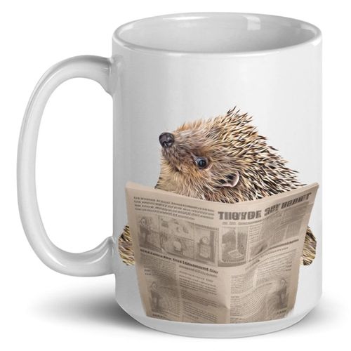 Funny Woodland European Hedgehog Reading Newspaper Mug 15oz - Cute White Ceramic Coffee Cup Gifts for Hedgehog Lovers