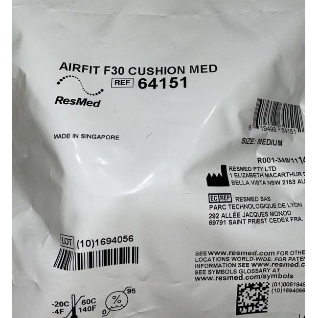 ResMed MEDIUM 64151 AirFit F30 Cushion - Clear Brand New Sealed In Packaging