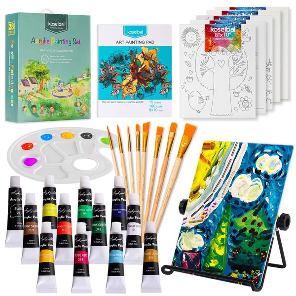 koseibal Acrylic Paint Set for Kids, Art Painting Supplies Kit with 12 Paints, 5 Canvas Panels, 8 Brushes, Table Easel, Etc, Premium Paint Set for Students, Artists and Beginner.