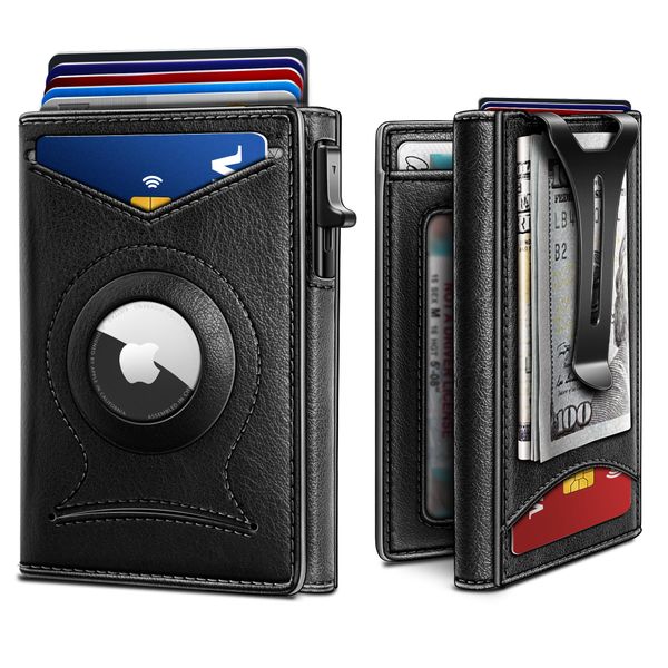 BULLIANT Money Clip Wallet,Mens Gift Slim Wallet Credit Card Holder Airtag&Standard Use 9Cards-Metal Case in Magnetic Flip Shell