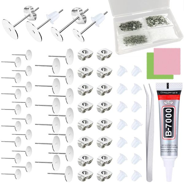 N NOROCME 665Pcs Earring Posts with Jewelry Glue Tweezers,Stainless Steel Jewelry Making Hypoallergenic Earring Posts and Backs,Stud Earrings with Butterfly Rubber Earring Backs DIY Making Findings