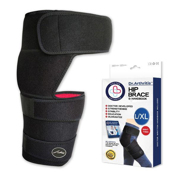 Doctor Developed Hip Support Brace -Piriformis Syndrome, Sciatica Pain Relief Products - Thigh Compression Sleeve, Hamstring Support -Hip Support For Women & Men W/ Doctor Handbook (L/XL, Black Right)