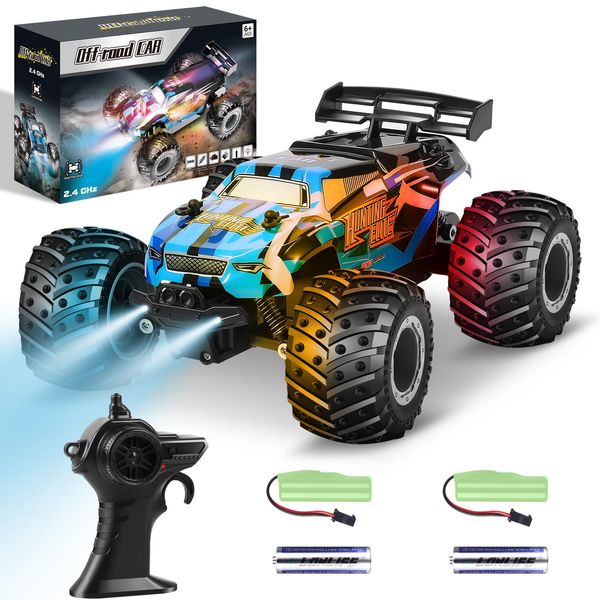 HENEROAR Remote Control Car, Remote Control Truck, 2.4Ghz All Terrain Off-Road Monster Truck, 20 KM/H Rc Cars with LED Bodylight and 2 Rechargeable Batteries Toys for Boys Age 4-7 8-12