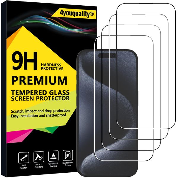 4youquality [4-Pack Screen Protector for iPhone 15 Pro (6.1-Inch), Tempered Glass Film, [LifetimeSupport][Impact-Protection][Anti-Shatter][Anti-Scratch]