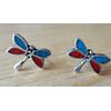 Sterling Silver 3D TINY 8x10mm Red & Blue Dragonfly Studs Earrings!