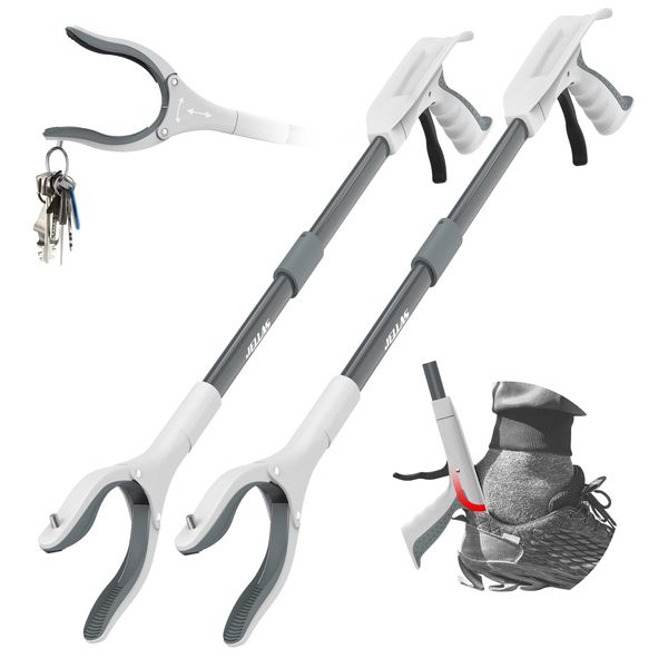 Jellas 2-Pack 32 Inch Grabber Reacher Tool with Magnetic Tip, Reacher Grabber with 360 Degrees Rotating Jaw, Grabber with Shoehorn for Elderly, Trash Picker Tool for Outdoor & Indoor (Grey)