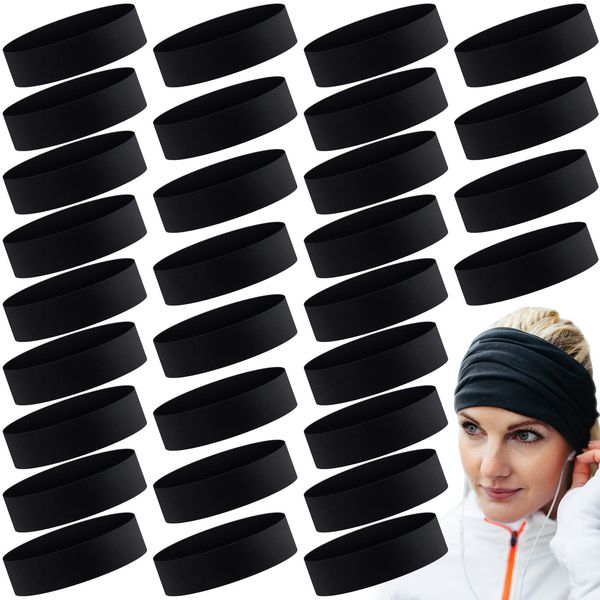 30 Pcs Black Headbands for Women Bulk, 2 Inch Non Slip Stretchy Yoga Headbands, Thick Hairbands, Black Sports Bandana Soft Cotton Elastic Headwrap for Child Girl Running