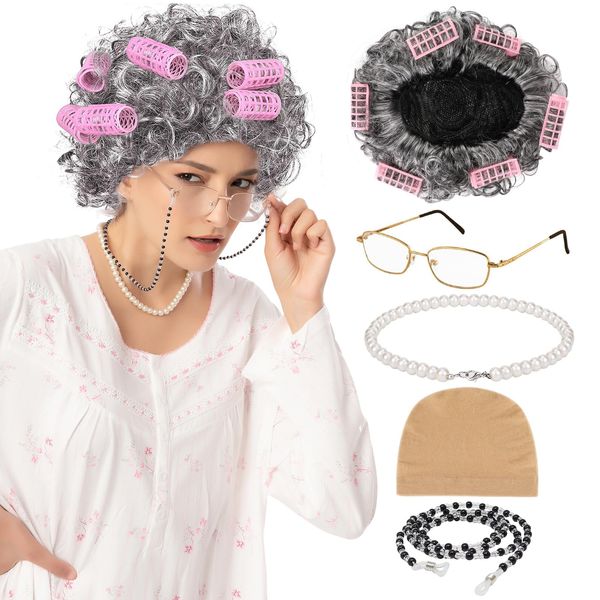 XEPST Old Lady Costume Set for Women, Old Lady Wig Granny Costume Grandma Dress Up Accessories Set with Hair Rollers, Grandma Glasses, Eyeglass Chain, Pearl Necklace