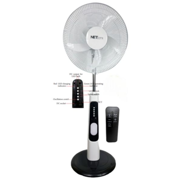 NETCOM 16” RECHARGEABLE STAND FAN AND SOLAR PANEL INCLUDED USA