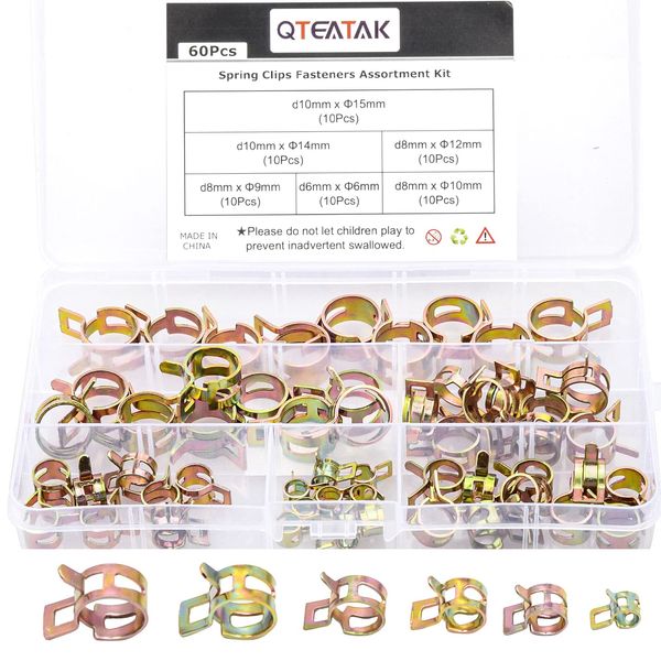 QTEATAK 60 Pcs Fuel Silicone Vacuum Hose Spring Band Type Action Pipe Clamp Low Pressure Air Clip Clamp SIZE: 6mm 9mm 10mm 12mm 14mm 15mm