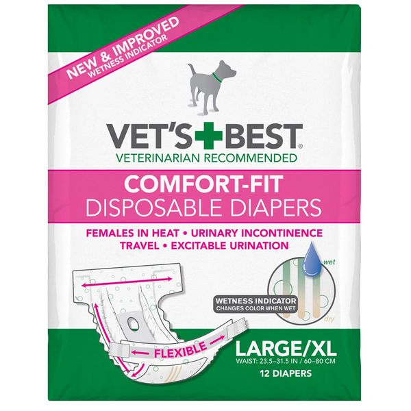 Vet's Best Comfort Fit Dog Diapers - Disposable Female Dog Diapers - Absorbent with Leak Proof Fit - Large/X-Large (23.5-31.5 Inch Waist) - 12 Count (Pack of 1)