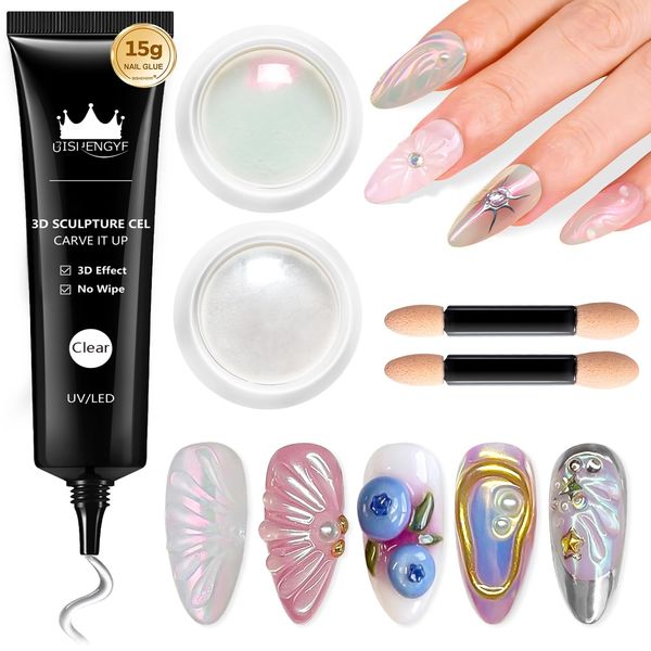 BISHENGYF 3D Nail Gel and Chrome Nail Powder: Clear 3d sculpting nail gel,2ps Moonlight Aurora Pearl Chrome Nail Powder,No Wipe gel nail glue for Gel Nail Art Decoration Home(White/pink)