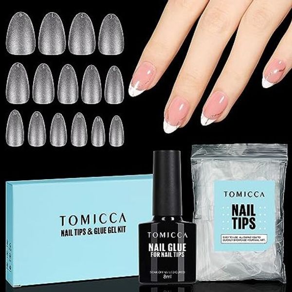 TOMICCA Nail Tips Nail Glue Suit Gel Nail Tips Short False Nails Nail Tip Adhesive Included 4-IN-1 Self Gel Nails, UV/LED Compatible - 150 Sheets (Almond S)