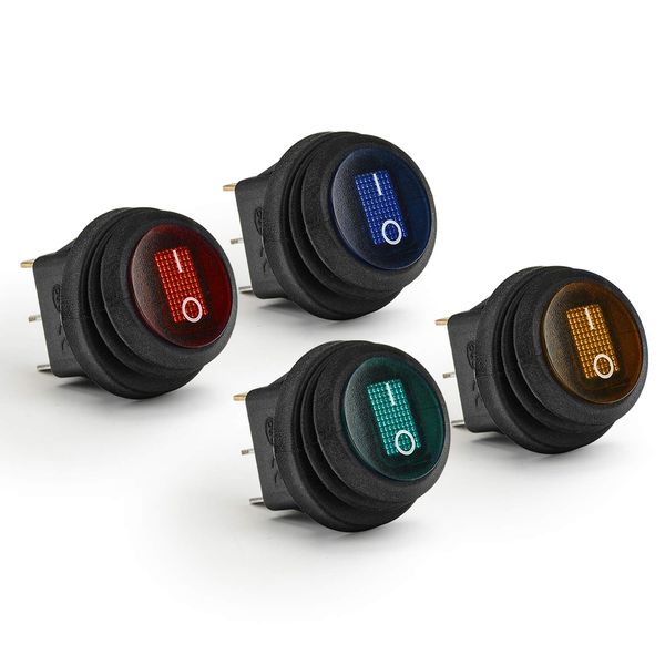 APIELE Waterproof Round Rocker Toggle Switch 2 Position DC 12V 20A ON-Off with LED Light SPST 3 Pins 4Pcs KCD1-8-101NW (Four Color Pack)