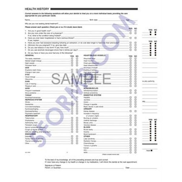 4046V Dental Health History Questionnaires 2 Sided 2 Hole Punch 8 1/2 x 11" QTY