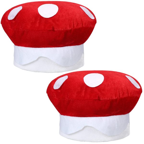 Jiuguva 2 Pieces Christmas Red White Mushroom Hat Plush Novelty Hat Cartoon Spotted Mushroom Hat Cosplay Costume Accessory for Festival Decor