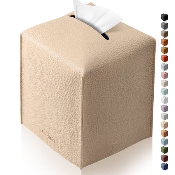 Tissue Box Cover, Tclouda, Modern PU Leather Square Tissue Box Holder for Creative Decorative, Ideal for Bathrooms/Office/Car/Nightstand/Outdoor Tent/Dining Table, 5"X5"X5", Single Beige