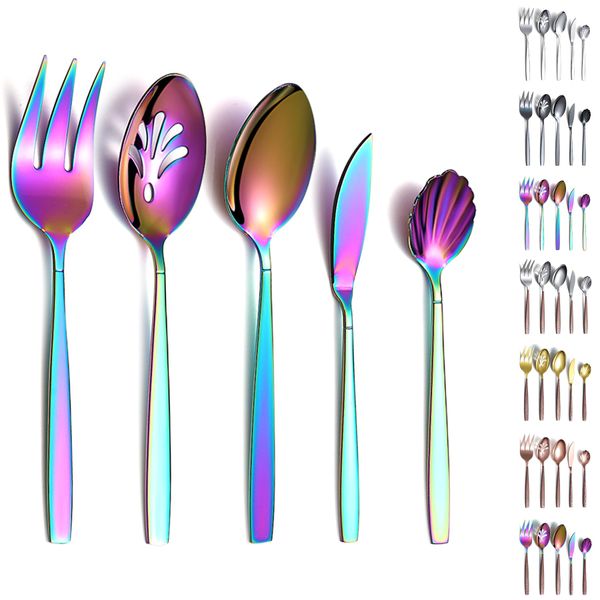 Evanda 5 Pieces Rainbow Cutlery Serving Set, Rainbow Titanium Plating Stainless Steel Flatware Serving Set, Serving Spoon, Slotted Spoon, Serving Fork, Sugar Spoon, Butter Spreader, Dishwasher Safe