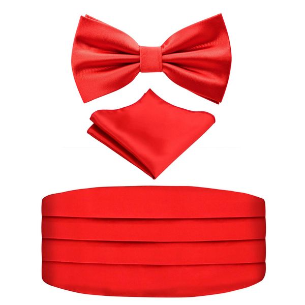 Alizeal Mens Solid Pre-tied Party Adjustable Bow Tie, Cummerbund and Pocket Square Gift Set, Red