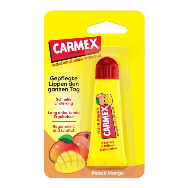 Carmex Peach Mango Tube - Lip Care for Dry Lips, Lip Balm Moisturising and Soothing for Cracked Lips, with Vaseline, Vitamin E and Beeswax - (12 x 10 g)