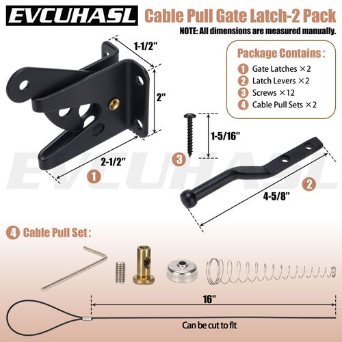 Self Locking Gate Latch with Spring Cable Pull, Heavy Duty Automatic Gravity Lever Gate Fence Door Latches for Wooden Fence/Vinyl Door/Outdoor Secure Pool/Garden, Black-2 Pack