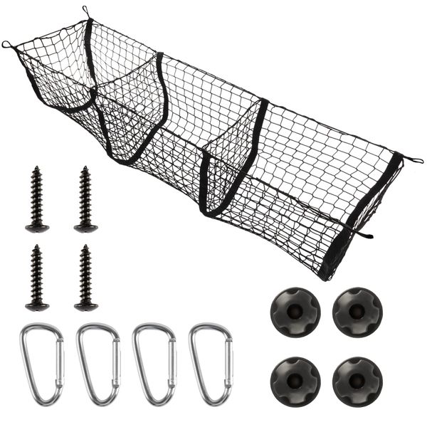 Amiss Heavy Duty Mesh Cargo Net, 3 Pocket Trunk Bed Storage Organizer Compatible for SUV, Car, Pickup Truck Bed, Etc.with 4 Metal Hooks (11.8×11.8×47.3 Inch), Black