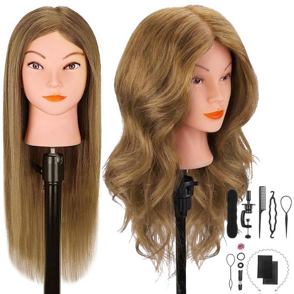 Mannequin Head with 100% Real Hair, CENOZ 18" Hairdresser Cosmetology Training Head with Stand and Tool, Manikin Training Practice Head, Doll Head for Hair Styling （Light Brown）