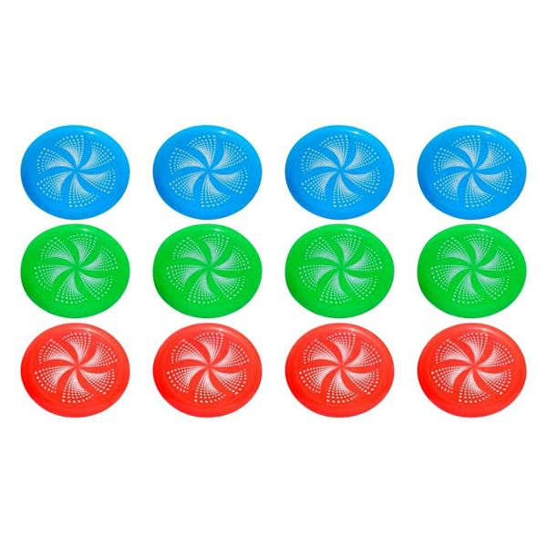 Plastic Flying Disc Set (12 Pack, 4 Orange, Green, and Blue, 10.5 in diameter)