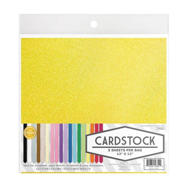 Irdecent Glitter - Crafting Cardstock, 13 Color Choices, 250g. 12" x 12" Inch, 5 Premium Sheets (Yellow)