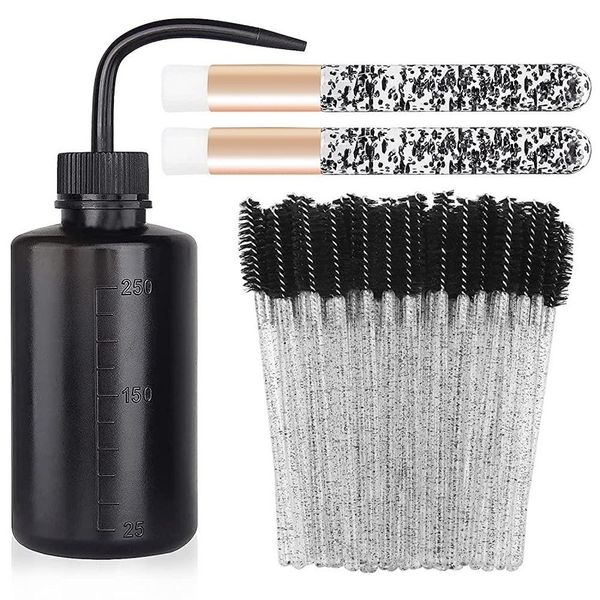 Eyelash Extension Supplies Kit 300 Mini Disposable Lash Spool Brush Extensions 1 Piece 150ML Plastic Wash Bottle Black