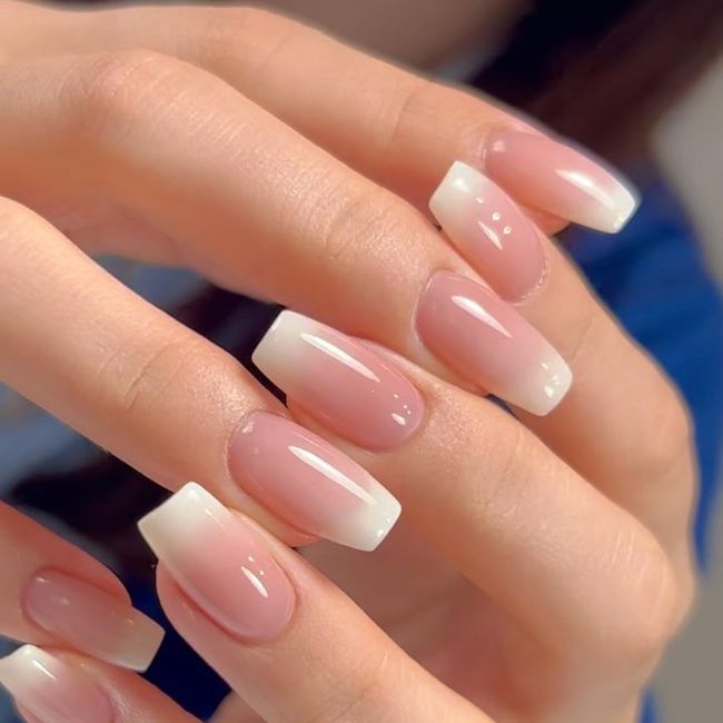 24 Pcs Square False Nails Short - Acrylic White Nude Gradient Stick on Nails - Funky False Nails with Glue - Fake Nails Stick on Nails for Women and Girls Nail Art