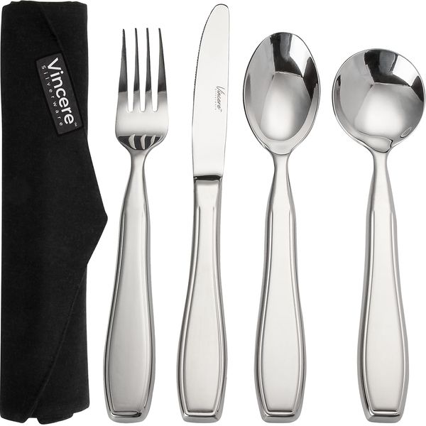 Weighted Utensils for Tremors and Parkinsons Patients - Heavy Weight Stainless Steel Silverware Set, Adaptive Eating Flatware Helps Hand Tremors, Parkinson, Arthritis - Knife, Fork, 2 Spoons & Bag