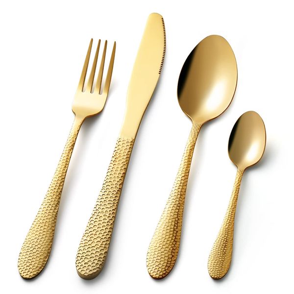 Cutlery Sets for 4, Premium Stainless Steel Knife and Fork Sets, Flatware Set for Home, Party, Restaurant, Hammered Pattern Design & Dishwasher-Safe (Gold x 16pcs)