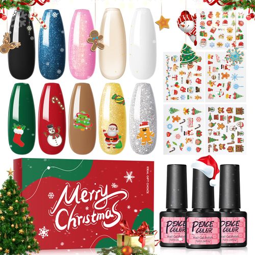 PEACECOLOR Natale Colore Smalto in Gel per Unghie 10 Colori Smalti Semipermanenti Argente Rosso Verde Giallo Nudo Colore Gel e 5 Fogli Natale Adesivi Decorazioni per Unghie UV Gel Smalto per Natale