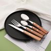 Silver Flatware Set with Natural Wood Handle, 24 PCS Silverware Set for 6