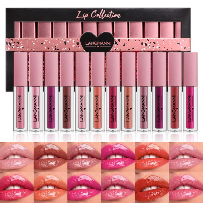 LANGMANNI 12Pcs Lip gloss Collection Makeup Set, Shiny Smooth Soft Liquid Lip Glosses Lip Stain With Rich Varied Colors For Girls And Women Makeup