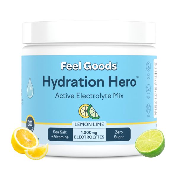 Feel Goods Hydration Hero, 1,000mg Electrolytes Powder, Sugar Free, Magnesium, Organic Coconut Water, Organic Aloe, L Theanine, Vitamin C & B12, Non GMO, Keto, Vegan | Lemon Lime, 30 Servings