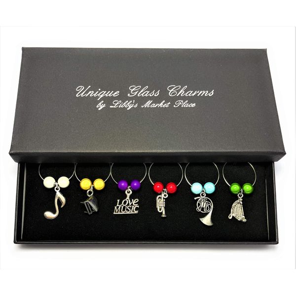 Libby's Market Place Musical Wine Glass Charms with Gift Box