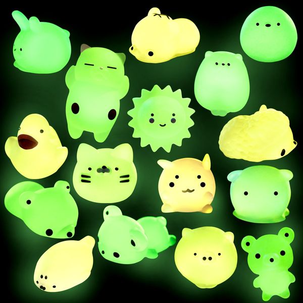 Outee 16 Pcs Mochi Toys Mini Mochi Animals Toys Glow in The Dark Toys Stress Relief Toys Bulk Mochi Cat Random Halloween Kids Party Favors for Goodie Bag Stuffers