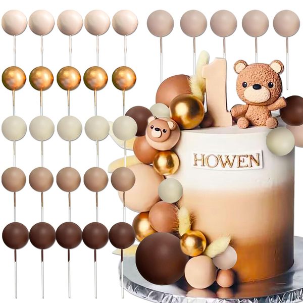 JeVenis 30 PCS Boho Beige Balls Cake Decorations Brown Balls Gold Balls Cake Topper Cake Decorating for Baby Shower Birthday Wedding