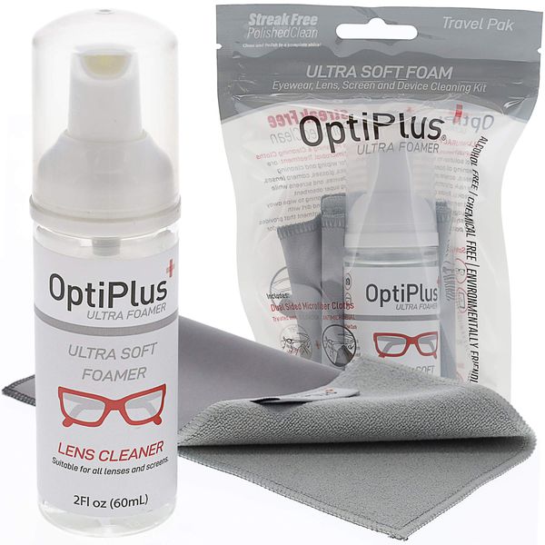 OptiPlus Ultrasoft Foam Lens Cleaner and Dual-Purpose Microfiber Cloth | Streak-Free Glasses Cleaner